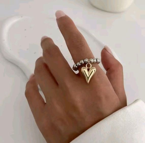 Кольцо из бусин с сердечком, кольцо, колечко, колечко из бисера, колечко сердечко бусинки Золотий