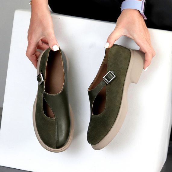 Дизайнерські туфлі оливкові натуральна шкіра + замша низький хід