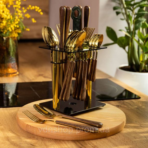 Набор столовых приборов на 6 персон с деревянными ручками на подставке столовые приборы 24 шт Золото HP-20-2 | Зображення 3