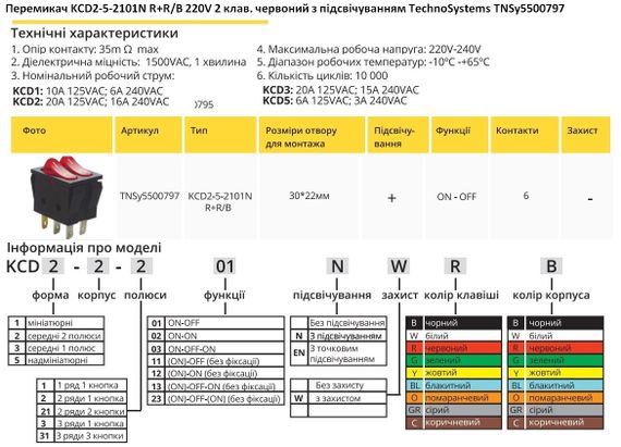 Переключатель KCD2-5-2101N R+R/B 220V 2 клавиши красная с подсветкой Ny95500797 | Зображення 1