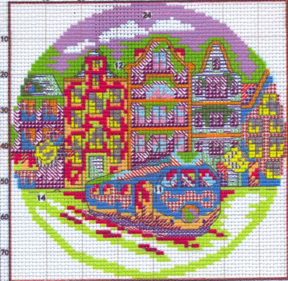 Набор для вышивания крестиком по нанесённой на канву схеме "Cityscape - Streetcar".AIDA 14CT printed, 19*19 см | Зображення 2
