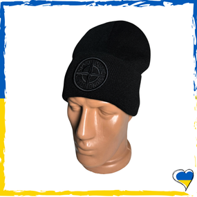 Шапка черная брендовая Stone Island на флисе. Шапка SI. Шапка унисекс, мужская, женская, подростковая, детская