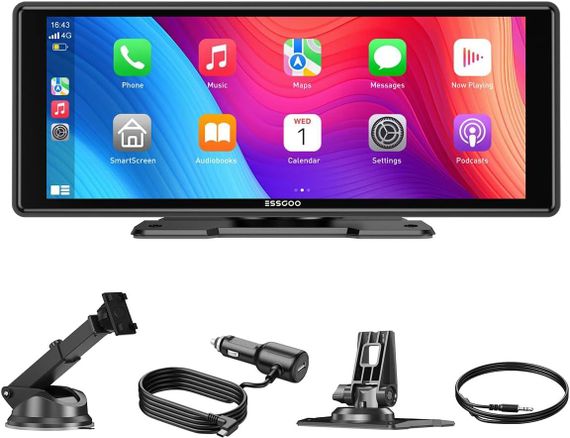 Автомобильный экран ESSGOO 10,26" монитор с CarPlay и Android Auto, дисплей з голосовым помощником, AUX, FM