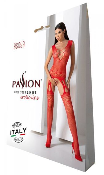 Бодістокінг з плетінням на грудях Passion BS099 One Size, red, відкритий доступ, імітація підв’язок | Зображення 5