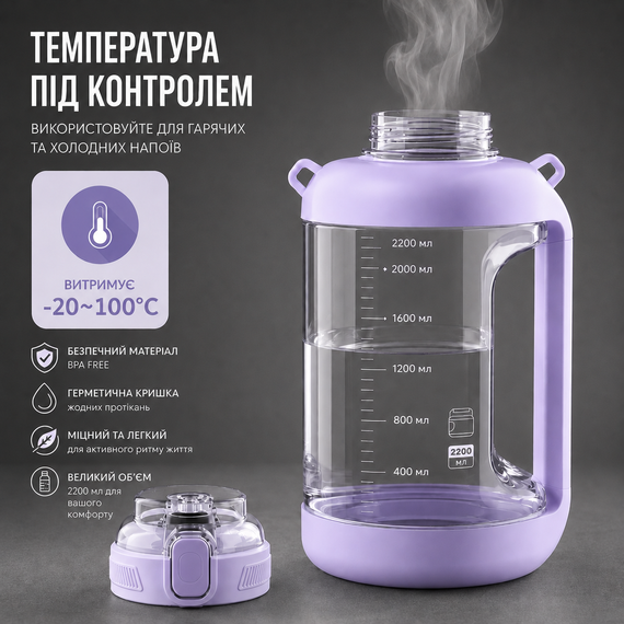 Спортивная бутылка для воды Tritan 2200 мл с ручкой и ремешком, Фиолетовая (Тритановая бутылка большой емкости) | Зображення 8