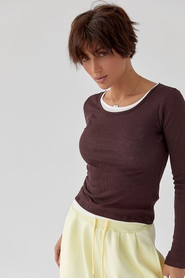 Подвійний лонг у рубчик - темно-коричневий цвет, S (є розміри)