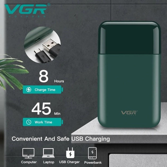 Аккумуляторная мини‑электробритва для мужчин VGR V‑390 Green • Профессиональный шейвер с триммером для сухого и влажного бритья | Зображення 4