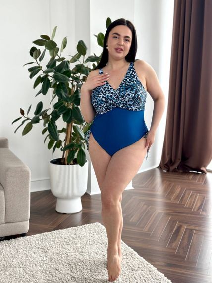 Суцільний синій купальник PLUS SIZE леопардовий принт | Зображення 1