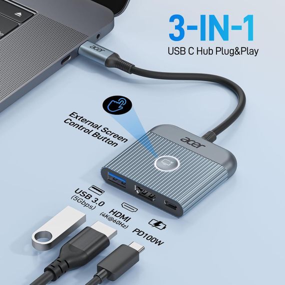 Адаптер Acer USB-C → HDMI 4K@60Hz — із живленням PD 100 Вт і портом USB-A 3.0, цифровий універсальний перехідник | Зображення 6