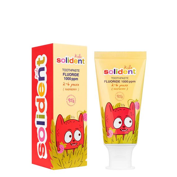 Дитяча зубна паста Solident Kids зі смаком малини, з фтором 1000 ppm, 50 ml