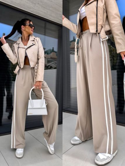 Женские широкие брюки палаццо с лампасами свободные NA2010 цвет бежевый, размер 46/48 | Зображення 3