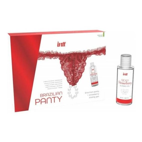 Набір Intt BRAZILIAN PANTY RED: трусики на зав’язках S-XL з перлинним кільцем + полунична змазка, One size | Зображення 1