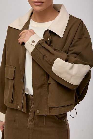 Котонова вітровка зі вставками з еко-шкіри - коричневий цвет, ONE SIZE (є розміри) | Зображення 3