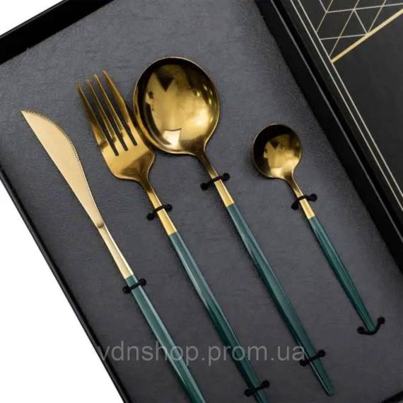 Набір столових приборів 24 предмети столовий набір на 6 персон Золотистий з зеленим HP-20-48 | Зображення 1
