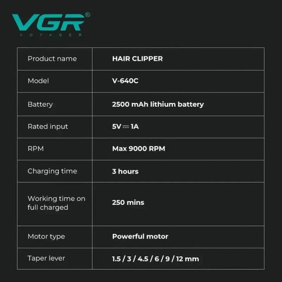 Аккумуляторная машинка для стрижки VGR V-640C BLACK, 6 насадок, LED дисплей, 9000RPM | Зображення 9