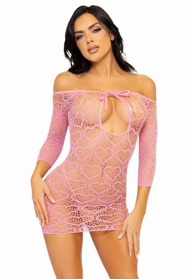 Соблазнительное платье в сеточку с сердечками Leg Avenue Heart net mini dress, Розовый, One Size, ONE SIZE