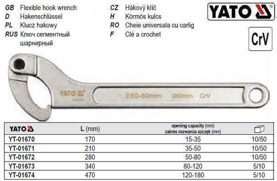 Ключ сегментний шарнирний M=120-180 мм L=470 мм YT-01674