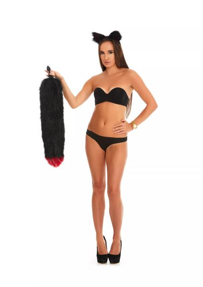 Анальний хутряний пухнастий хвіст без пробки, Чорний с темно-червоним кінчиком, OKOVA 60 см. sexstyle | Зображення 4