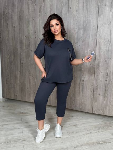 Женский летний костюм футболка и укороченные штаны большие размеры и батал KF090 цвет серый, размер 52/54