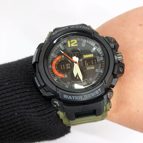 Годинник наручний чоловічий SKMEI 1343AG ARMY GREEN, годинник тактичний протиударний. Колір: зелений | Зображення 1