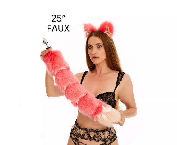 Анальный хвост с лентой без пробки, Ярко-розовый с персиковым кончиком, OKOVA 60 см. sexstyle