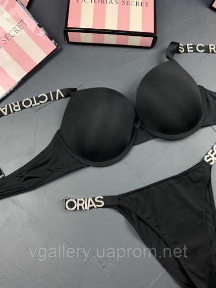Комплект чорного жіночої нижньої білизни Victoria's Secret Модель Букви Стрази Вікторія Сікрет | Зображення 3