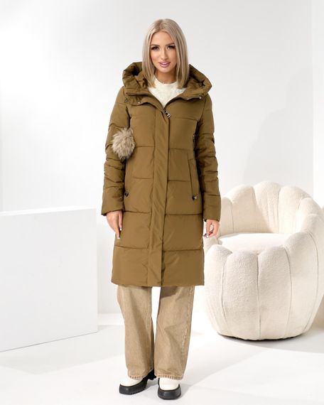 Оливкове пальто люкс якості з брелком помпоном | Зображення 1
