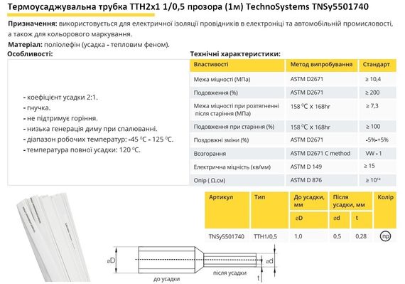 Термоусадочна трубка ТТН2х1 1/0.5 прозора 1 метр Ny95501740 | Зображення 1