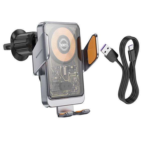 Автодержатель с БЗУ Hoco HW7 Transparent Discovery Edition (air outlet) Metal gray | Зображення 6
