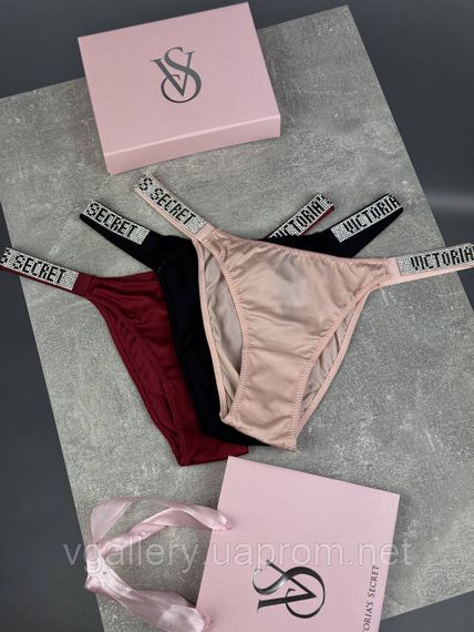 Подарунковий набір жіночих мереживних трусиків Victoria's Secret (3 шт) бразиліана зі стразами в брендовій коробці Гладкі 3 шт. на | Зображення 1