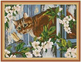 Набор для вышивания по нанесённой на канву схеме "Cat and dragonflie". AIDA 14CT printed 42*33 см