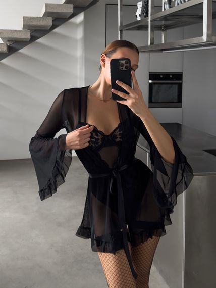 Роскошный комплект: боди, халат и чулки, черный  М | Зображення 5