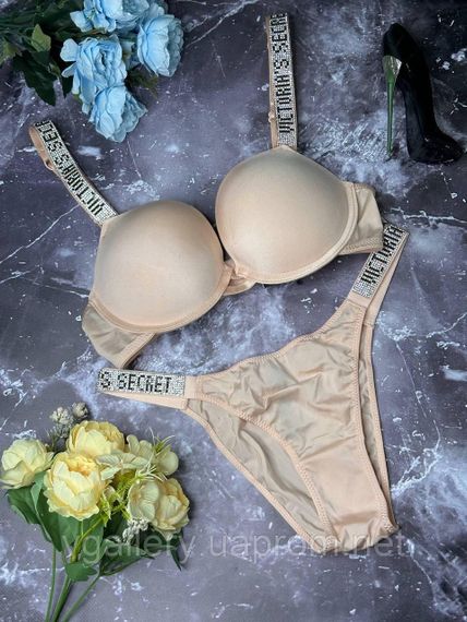 Комплект Вікторія Сикрет зі стразами та Пуш-Ап, подарунковий комплект Victoria`s Secret.Бразиліана, Бежевий, 80B