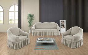 Жакардовий чохол на диван + 2 крісла Stone з спідницею ванільний
