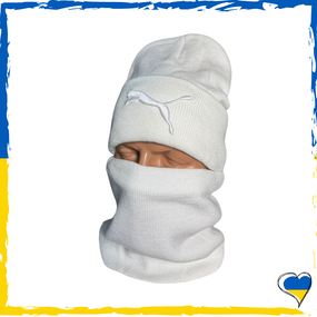 Комплект Puma білий шапка и баф на флісі унісекс. Набір теплий. Чоловічий, жіночий, підлітковий, дитячий
