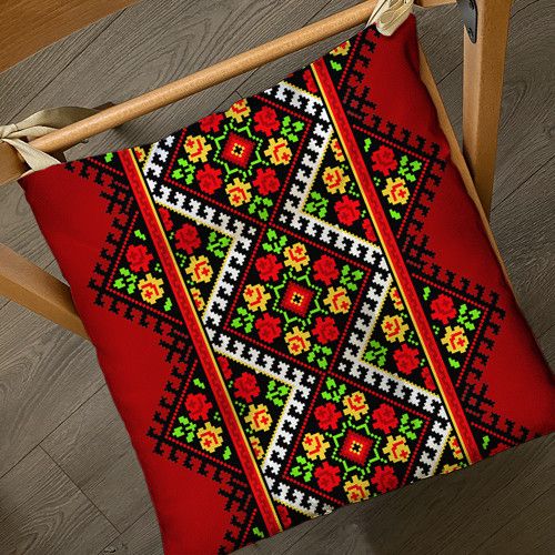 Подушка на стул с завязками Украинский орнамент красный 40x40x4 см (PZ_22U003)