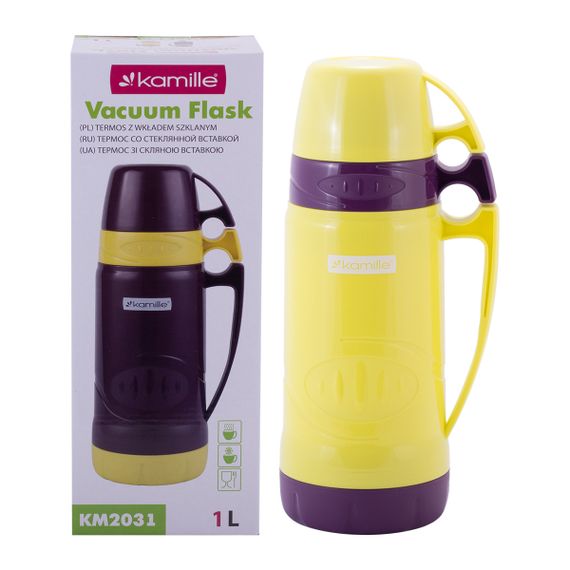 Термос жовтий 1000ml пластиковий зі скляною колбою