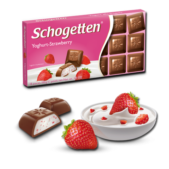 Якісний німецький молочний шоколад Schogetten Yoghurt-Strawnberry з начинкою йогурт-полуниця, 100 г | Зображення 1