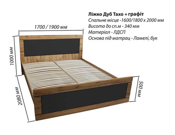 Ліжко двоспальне Тахо Viorina-Deko 1600x2000 мм, колір Дуб Тахо/Графіт, в скандинавському стилі | Зображення 2