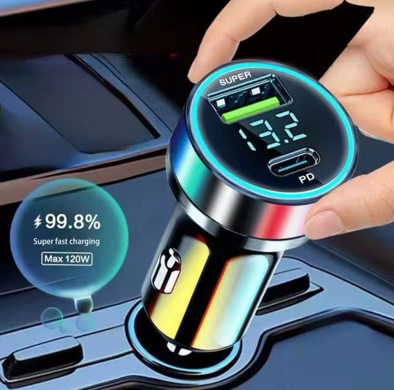 Автомобильное зарядное устройство 120 Вт + PD 20 Вт, 2 USB-порты, быстрая зарядка. | Зображення 8