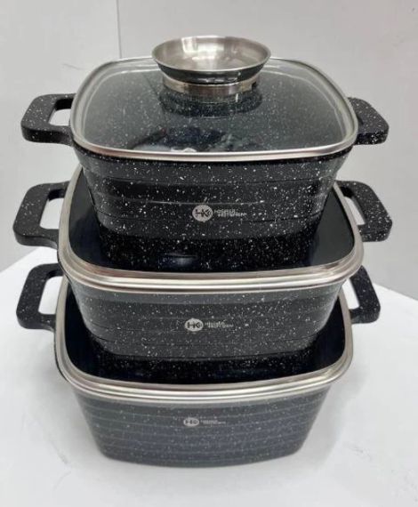 Набір квадратних каструль із гранітним покриттям на 6 предметів Higher Kitchen НК-322 Чорний