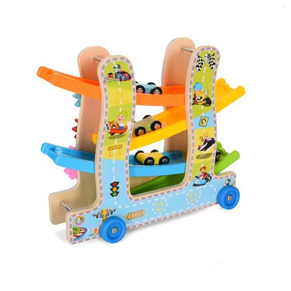 Деревянная игрушка "Трек" MD2594 каталка, машинки 4см 3шт, шестеренки | Зображення 1