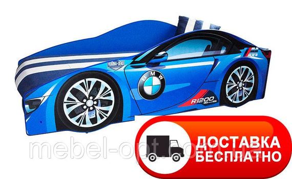 Ліжко машинка серія Еліт модель BMW синій зі спортивним матрацом і подушкою