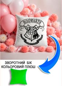 Подушка плюшева Мерч Крафт Дизайн з принтом Hogwarts 3-1 салатовий плюш квадратна 33х33 см