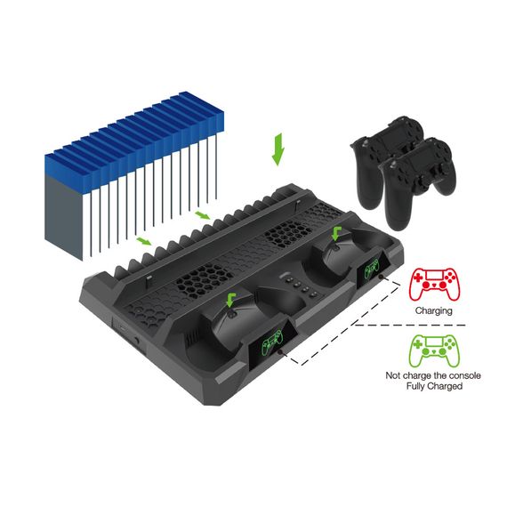 Зарядная док-станция XPRO PSCharger Dobe для PS Playstation 4 / PS4 SLIM / PRO с 2мя вентиляторами и зарядкой для 2-х геймпадов и подставкой на 16 дисков  (102716472_2) | Зображення 1
