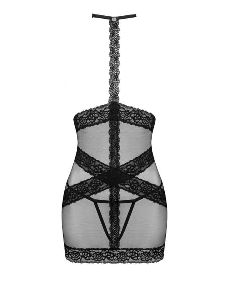 Напівпрозора сорочка з відкритими грудьми Obsessive Lacrisia chemise, чорна, з чокером, XS/S | Зображення 4