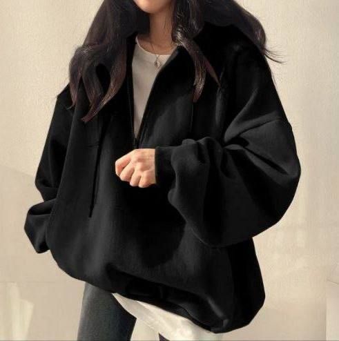 Жіноче тепле худі оверсайз на флісі на блискавці з капюшоном колір чорний, розмір 42/48  HI2704