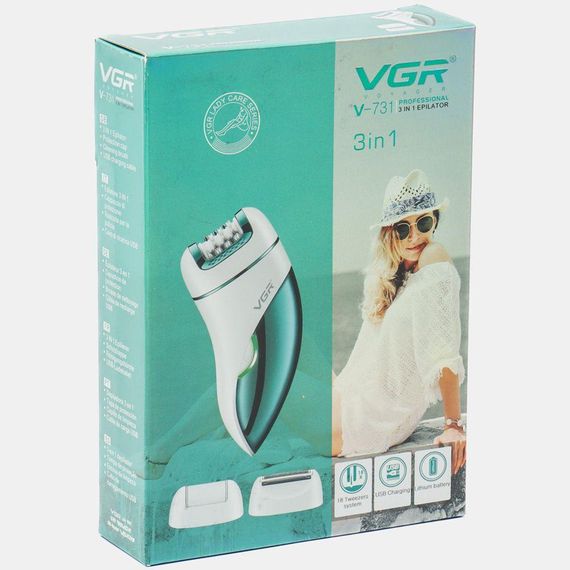 Аккумуляторный женский эпилятор 3в1 для тела и ног, с USB, VGR V-731 / Беспроводной депилятор с насадками | Зображення 9