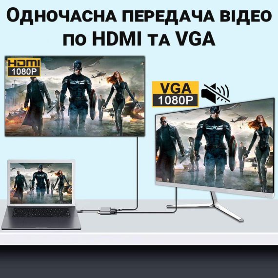 4в1: мультифункциональный адаптер для ноутбука USB Type-C хаб Addap MH-02: HDMI + VGA + USB 3,0 + USB-C PD | Зображення 6