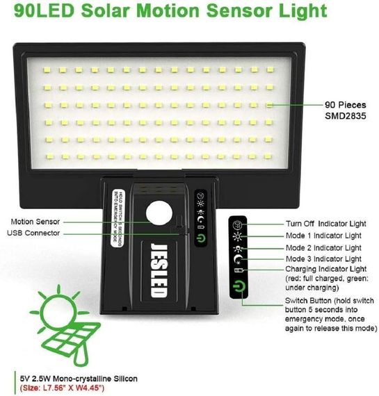 Солнечный светильник JESLED 90 LED с датчиком движения, аккумулятор 2600 мАч, IP65, для двора, фасада, улицы | Зображення 1